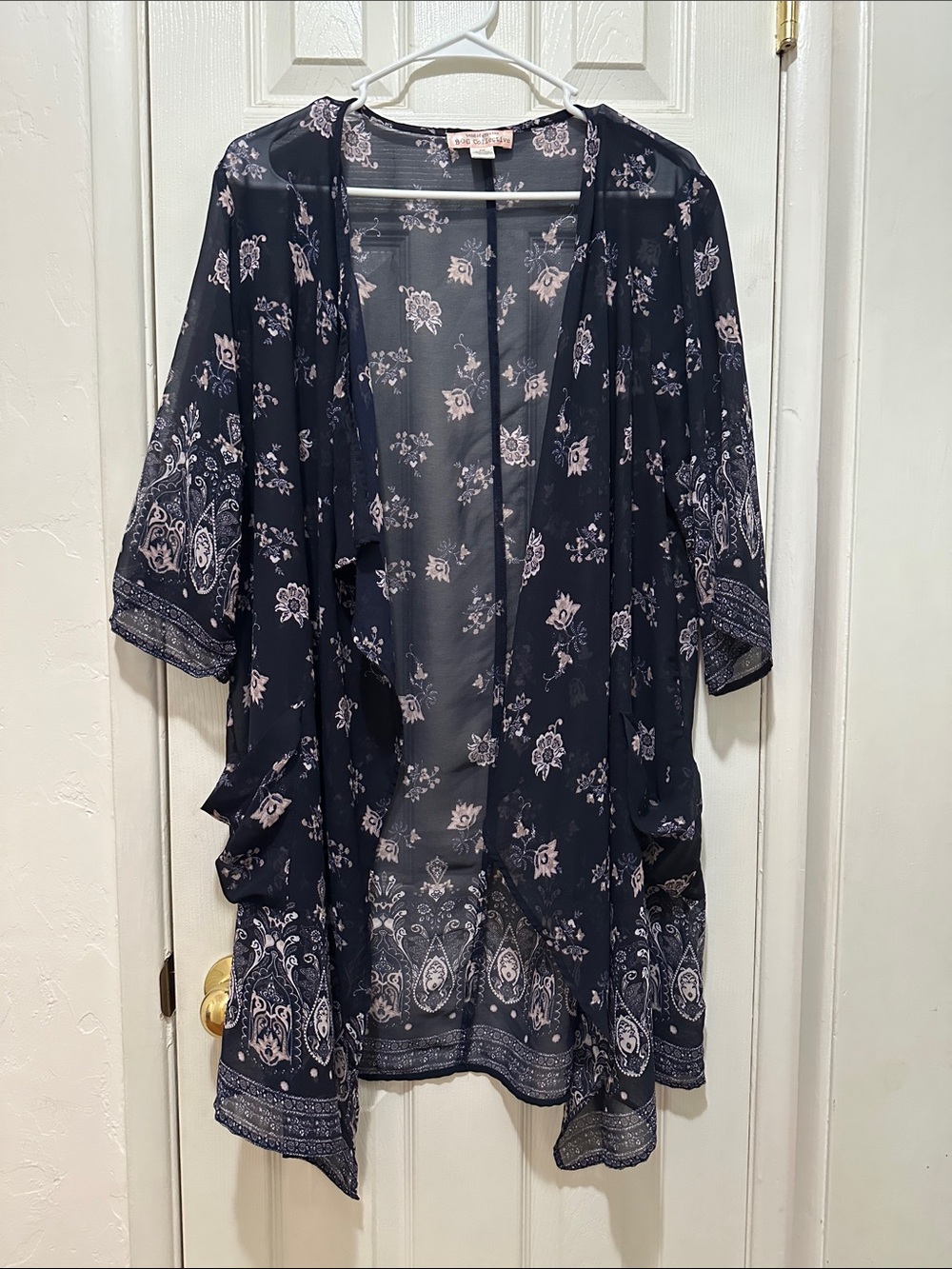 Sheer Floral Kimono Robe with pockets - Navy Blue - size s/m